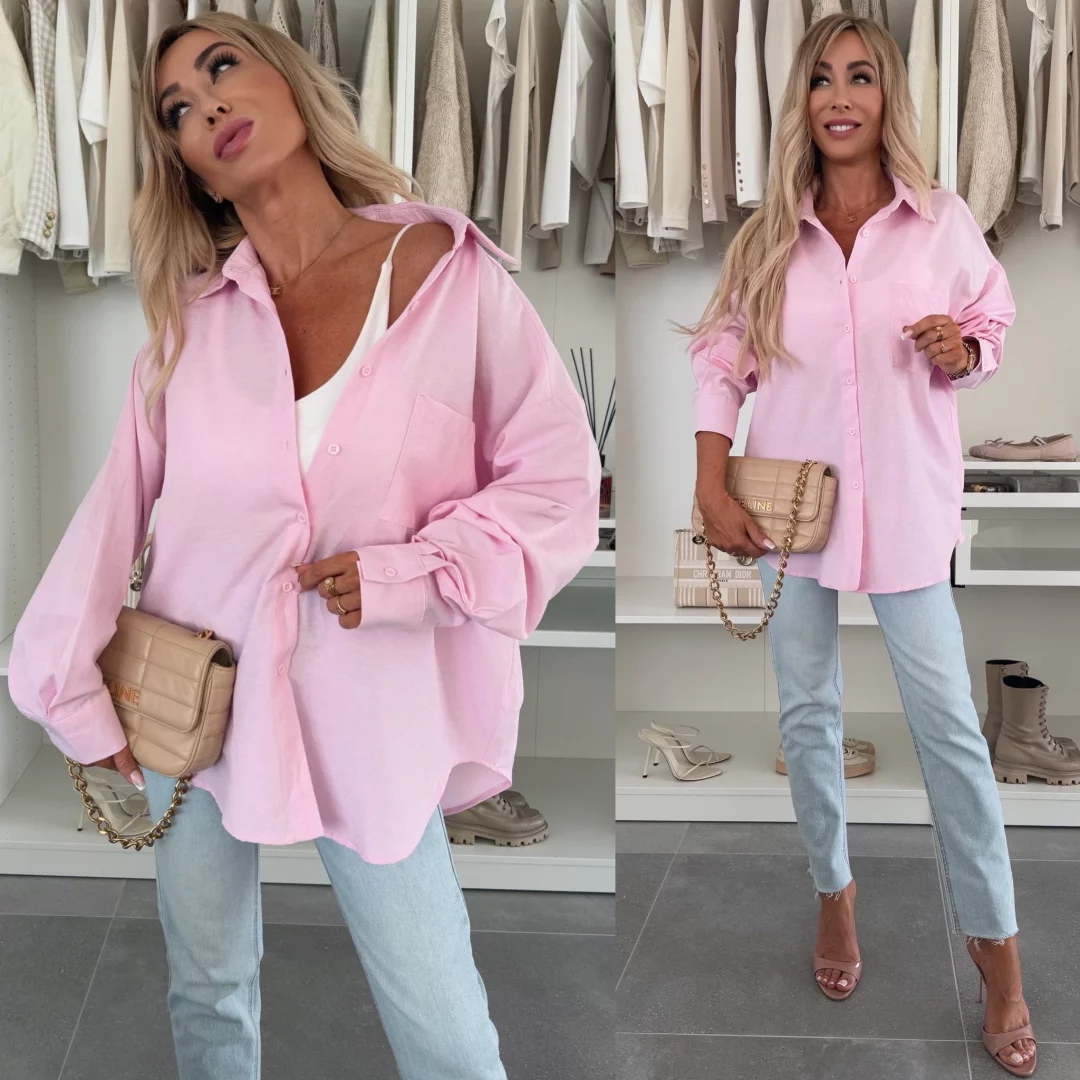 KOSZULA OVERSIZE 100% BAWEŁNA SPRING RÓŻOWA