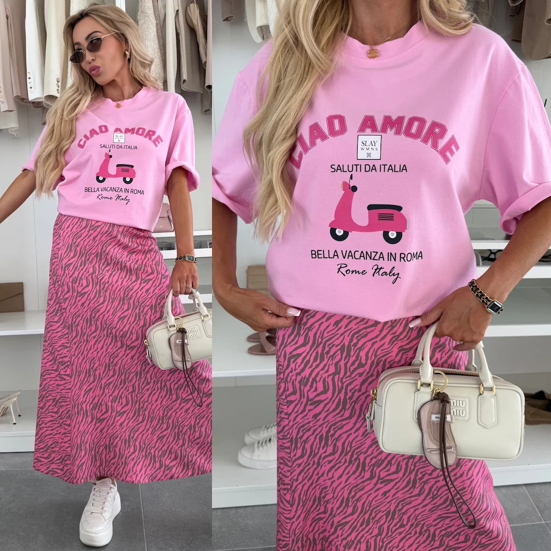 T-SHIRT Z BAWEŁNĄ LONG CIAO AMORE RÓŻOWY Ubrania, obuwie oraz